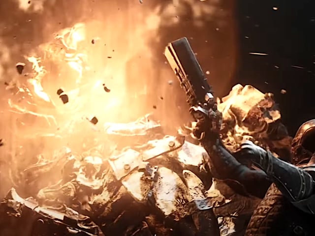 A knight blows the head off a monster with a gun in Mortal Shell 2.