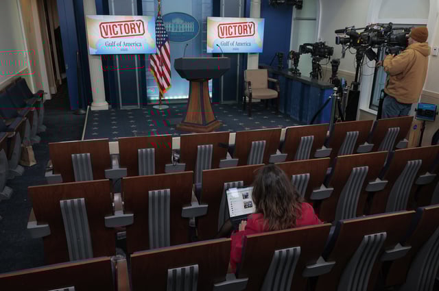 La salle de presse James S. Brady de la Maison Blanche après qu’un juge a refusé d’accorder à l’Associated Press l’accréditation au point presse le 24 février 2025 à Washington, DC.