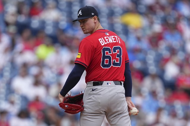 PHILADELPHIA, PENNSYLVANIA - MAY 29: Scott Blewett #63 of the Atlanta Braves looks on against the Philadelphia Phillies during game one of a doubleheader at Citizens Bank Park on May 29, 2025 in Philadelphia, Pennsylvania. The Phillies defeated the Braves 5-4.