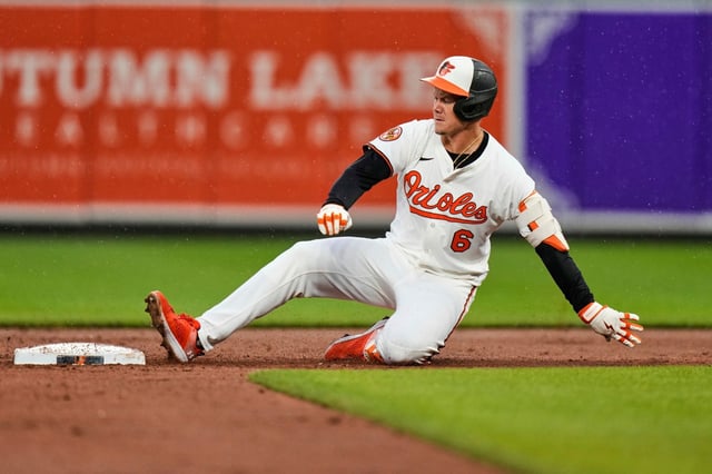 Baltimore Orioles&#39; Ryan Mountcastle (6) slides into second base after hitting a double during the second inning of a baseball game against the St. Louis Cardinals, Tuesday, May 27, 2025, in Baltimore. (AP Photo/Stephanie Scarbrough)