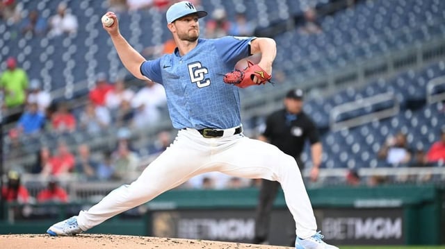 Jun 6, 2025; Washington, District of Columbia, USA; Washington Nationals starting pitcher Michael Soroka (34) throws a pitch during the second inning against the Texas Rangers at Nationals Park. Mandatory Credit: Rafael Suanes-Imagn Images