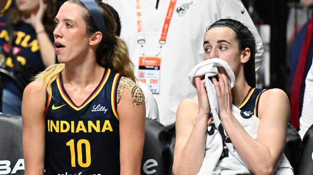 Indiana Fever’s Lexie Hull (10) and Caitlin Clark (22).