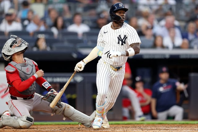 NEW YORK, NEW YORK - JUNE 06: Jazz Chisholm Jr. #13 of the New York Yankees hits an RBI single against the Boston Red Sox during the second inning at Yankee Stadium on June 06, 2025 in the Bronx borough of New York City. (Photo by Luke Hales/Getty Images)