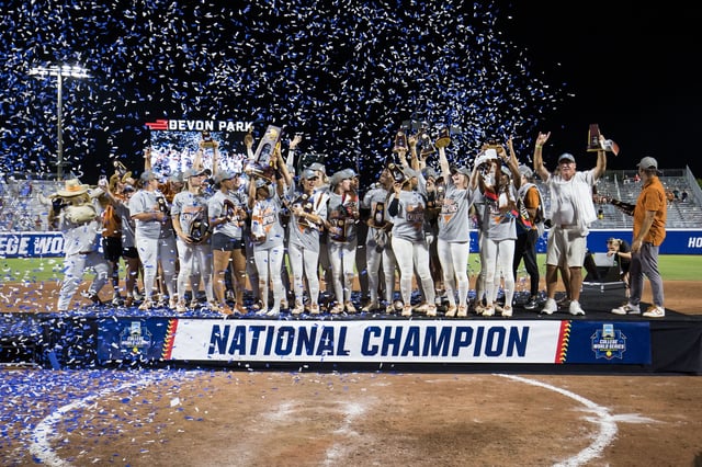 Jun 6, 2025; Oklahoma City, OK, USA;  Texas Longhorns celebrate after defeating the Texas Tech Red Raiders 10-4 and winning the National Championship in game three of the NCAA Softball Women's College World Series finals at Devon Park. Mandatory Credit: Brett Rojo-Imagn Images