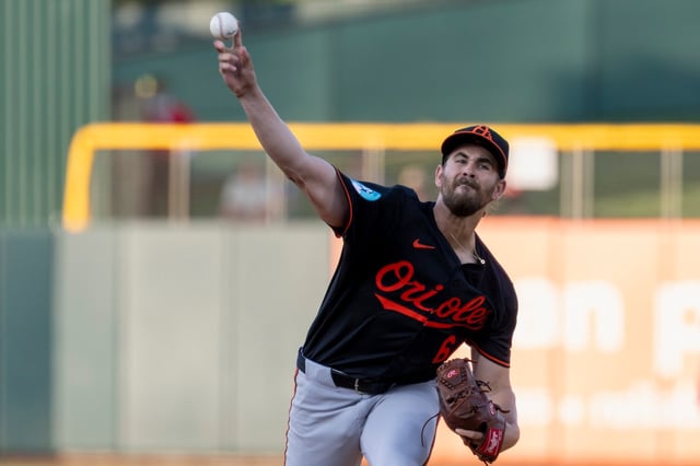 Baltimore Orioles pitcher Dean Kremer throws to the Athletics during the first inning of a baseball game Friday, June 6, 2025, in West Sacramento, Calif. (AP Photo/Sara Nevis)