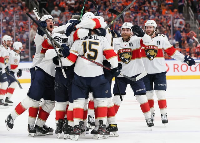 The Florida Panthers celebrate after Brad Marchand of the Florida Panthers scored against the Edmonton Oilers during the second overtime period in Game Two of the 2025 Stanley Cup Final in Edmonton, Alberta, Canada, on June 6, 2025.