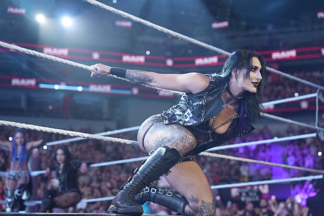 Rhea Ripley makes her entrance during WWE Raw at KFC YUM! Center on May 12, 2025 in Louisville, Kentucky.