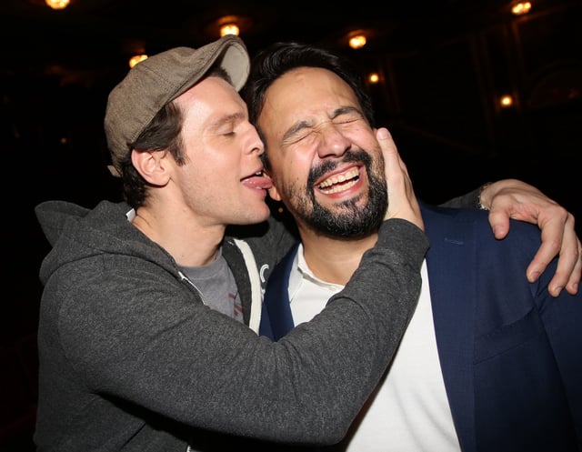 NEW YORK, NEW YORK - JUNE 1: Jonathan Groff and Lin-Manuel Miranda pose at &#34;Ham4Ham&#34; a celebration of this year&#39;s Tony Nominated Broadway shows hosted by Lin-Manuel Miranda &amp; &#34;Hamilton&#34; on Broadway at The Richard Rogers Theatre on June 1, 2025 in New York City.