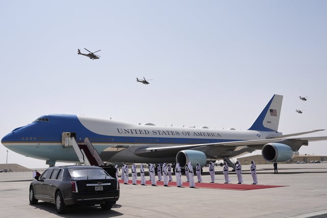 Qatar Air Force Apache gunships perform a flyover as Air Force One is ready to depart from Al Udeid Air Base, Thursday, May 15, 2025, in Doha, Qatar. (AP Photo/Alex Brandon)