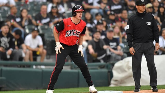 Jun 6, 2025; Chicago, Illinois, USA; Chicago White Sox catcher Kyle Teel (8) leads off of third base during the second inning against the Kansas City Royals at Rate Field. Mandatory Credit: Patrick Gorski-Imagn Images