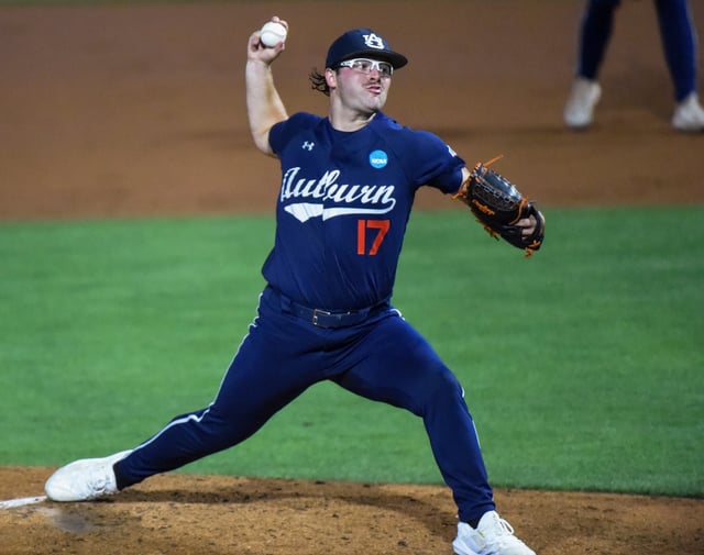 Auburn Tigers' Samuel Dutton (17) pitches against Coastal Carolina during NCAA Baseball Super Regonal action at Plainsman Park on the Auburn University campus in Auburn, Ala., on Friday June 6, 2025.