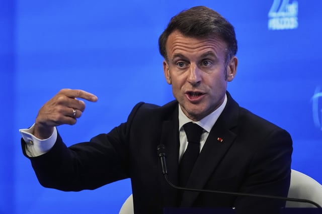 French President Emmanuel Macron speaks to the media during the 22nd Shangri-La Dialogue summit in Singapore, Friday, May 30, 2025. (AP Photo/Anupam Nath)