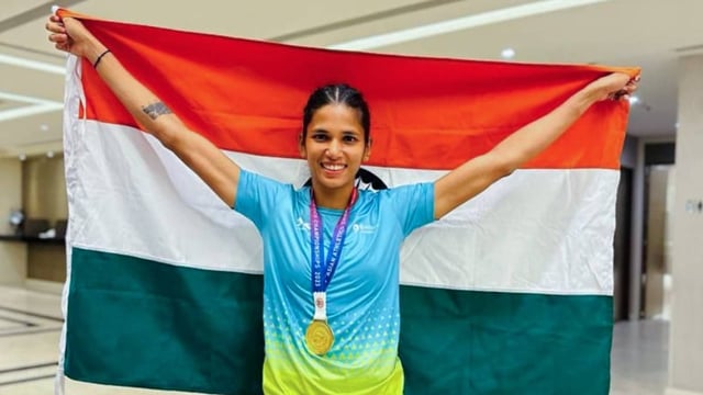 Jyothi Yarraji after winning gold in the 100m hurdles event at the Asian Athletics Championships 2023 | Image: ANI