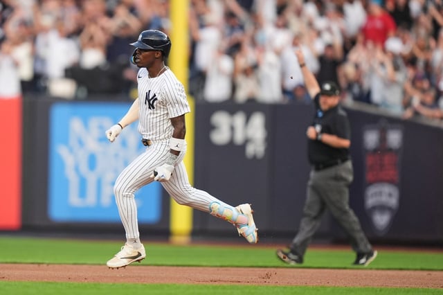 New York Yankees&#39; Jazz Chisholm Jr. runs the bases after hitting a three-run home run during the first inning of a baseball game against the Boston Red Sox, Friday, June 6, 2025, in New York. (AP Photo/Frank Franklin II)