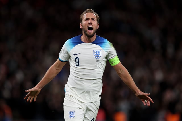 Harry Kane of England celebrates after scoring the team&#39;s third goal during the UEFA EURO 2024 European qualifier match between England and Italy at Wembley Stadium on October 17, 2023 in London, England.