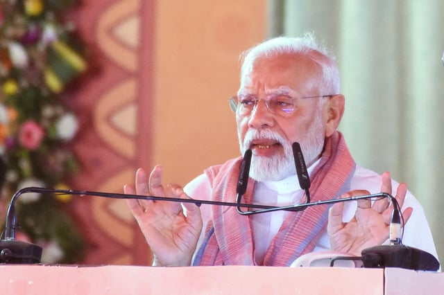 India's Prime Minister Narendra Modi addresses a rally in Madhubani in the eastern state of Bihar, India, April 24, 2025. REUTERS/Stringer/File Photo