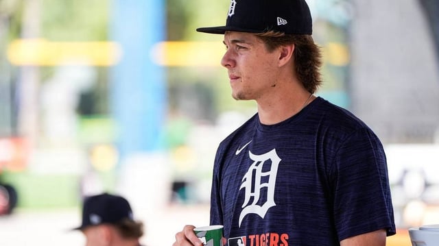 Detroit Tigers prospect Bryce Rainer watches practice during spring training at TigerTown in Lakeland on Friday, Feb. 20, 2025.