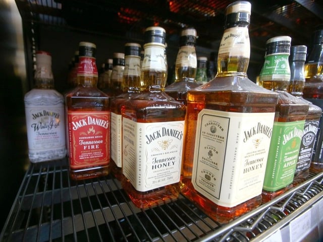 A dwindling supply of a popular American whiskey brand is shown on the shelves at BSW Liquor in northeast Calgary on Thursday, March 6, 2025. AGLC has announced it will begin importing U.S. product again, allowing stores to restock American brands.