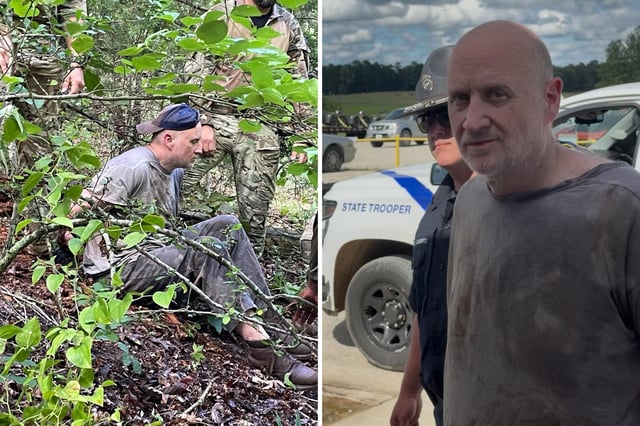 (L): A photo of Grant Hardin after being found by law enforcement officials in Calico Rock, Arkansas on Friday, June 6. (R): Hardin being escorted by law enforcement officer.