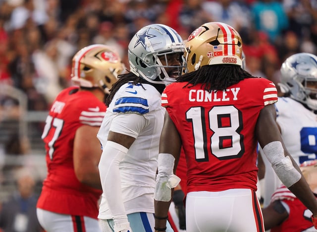 Oct 27, 2024; Santa Clara, California, USA; Dallas Cowboys cornerback Trevon Diggs (7) and San Francisco 49ers wide receiver Chris Conley (18) after a play during the first quarter at Levi's Stadium. Mandatory Credit: Kelley L Cox-Imagn Images/File Photo