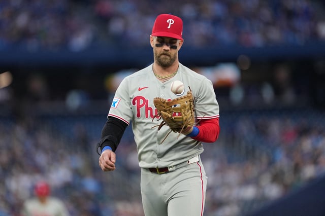 Jun 3, 2025; Toronto, Ontario, CAN; Philadelphia Phillies first baseman Bryce Harper (3) walks towards the dugout after the third out against the Toronto Blue Jays during the fourth inning at Rogers Centre. Mandatory Credit: Nick Turchiaro-Imagn Images/File Photo