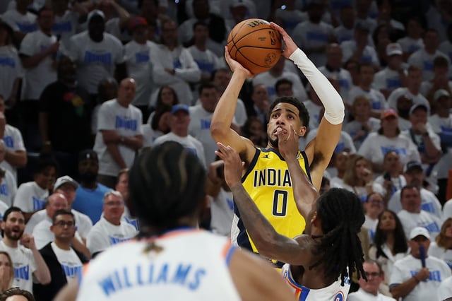 OKLAHOMA CITY, OKLAHOMA - JUNE 05: Tyrese Haliburton #0 of the Indiana Pacers scores a basket with .3 seconds remaining during the fourth quarter against the Oklahoma City Thunder in Game One of the 2025 NBA Finals at Paycom Center on June 05, 2025 in Oklahoma City, Oklahoma.