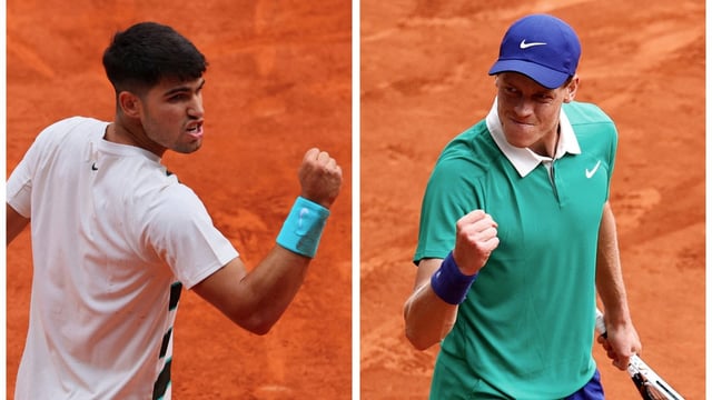 Alcaraz, left, holds a 7-4 lead over Sinner, right, but this is the first time the pair have met in a grand-slam final