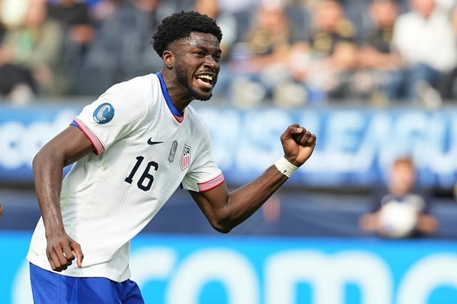 Patrick Agyemang #16 of the United States celebrates after scoring a goal against Canada during the first half of the CONCACAF Nations League third-place match at SoFi Stadium on March 23, 2025 in Inglewood, California.