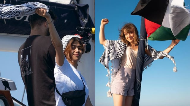 Rima Hassan et Greta Thunberg sur le Madleen, un voilier de la Coalition de la flotille pour la liberté.