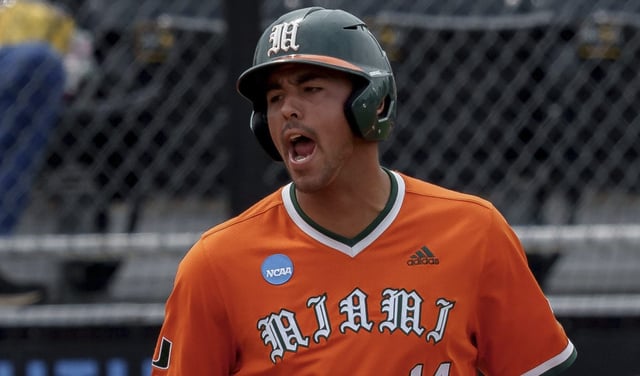 Miami infielder Daniel Cuvet. (AP Photo/Matthew Hinton)