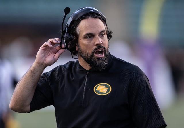 Edmonton Elks head coach Mark Kilam reacts to a call while taking on the B.C. Lions during first half CFL pre-season action in Edmonton, on Friday May 30, 2025. 