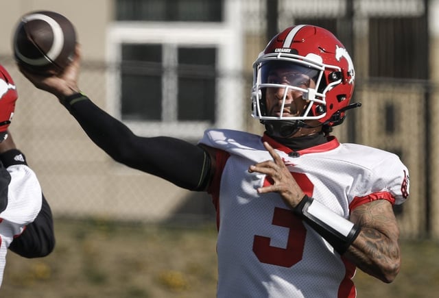 Calgary Stampeders quarterback Vernon Adams throws the ball during the first of training camp in Calgary, Sunday, May 11, 2025.
