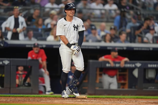 New York Yankees&#39; Anthony Volpe reacts after he was hit by a pitch during the second inning of a baseball game against the Boston Red Sox, Friday, June 6, 2025, in New York. (AP Photo/Frank Franklin II)