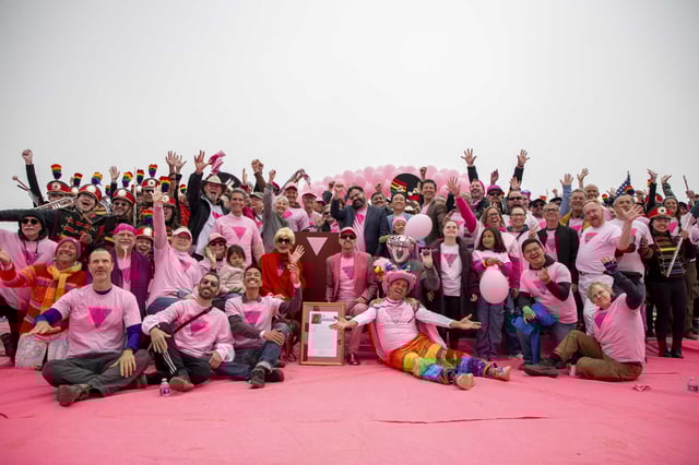 Volunteers, city officials, organizers and the San Francisco Pride Band mark the installation of the Pink Triangle. 