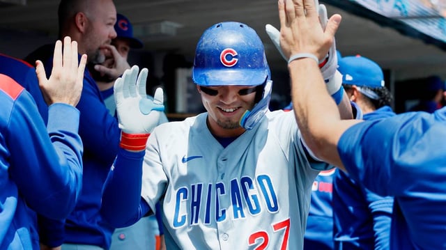 The Chicago Cubs’ Seiya Suzuki (27) celebrates in the dugout after hitting a home run against the Detroit Tigers during the first inning at Comerica Park on Saturday, June 7, 2025, in Detroit. (Duane Burleson/Getty Images/TNS)