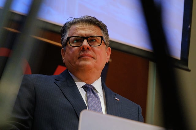 San Antonio mayoral runoff candidate Rolando Pablos at a a forum sponsored by AARP Texas on May 14, 2025.