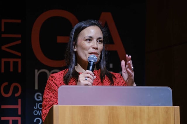 San Antonio mayoral runoff candidate Gina Ortiz Jones answers questions at a candidate forum sponsored by AARP Texas at the Whitley Event Center on May 14, 2025.