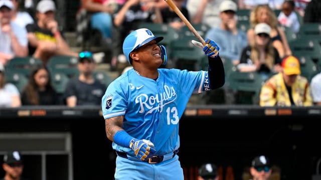 Kansas City Royals catcher Salvador Perez (13) grimaces after striking out swinging against the Chicago White Sox during the fourth inning at Rate Field on June 7, 2025.