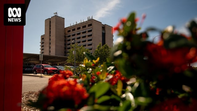 The Royal Darwin Hospital building seen from a distance,  on a sunny day, with a red flower bush in the foreground.