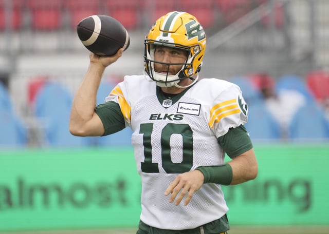 McLeod Bethel-Thompson #10 of the Edmonton Elks throws a pass during warm up before a game against the Toronto Argonauts at BMO Field on June 22, 2024 in Toronto, Canada.