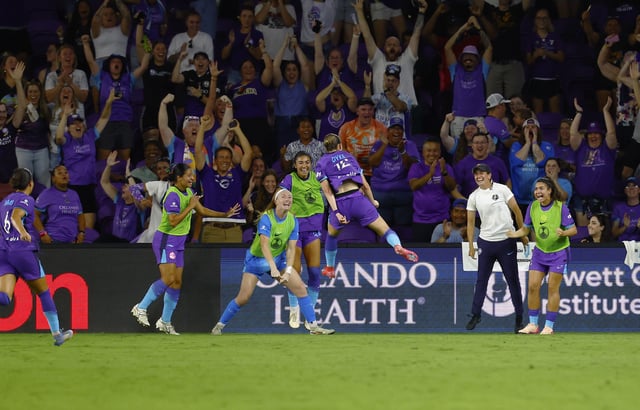Jun 7, 2025; Orlando, Florida, USA;  Orlando Pride defender Cori Dyke (12) celebrates after scoring the game winning goal in the last minute of play against the Houston Dash at Inter&Co Stadium. Mandatory Credit: Russell Lansford-Imagn Images
