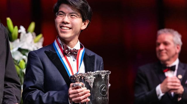 Aristo Sham of Hong Kong, China reacts after winning the Nancy Lee and Perry Bass Gold Medal award and Van Cliburn Winners Cup during the Van Cliburn International Piano Competition Awards Ceremony at Bass Performance Hall in Fort Worth on Saturday, June 7, 2025.