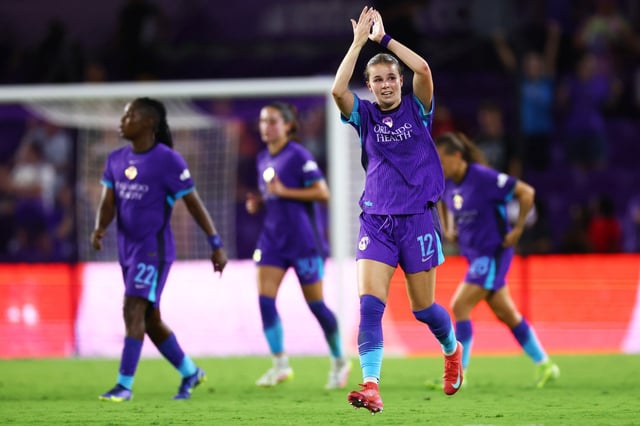 ORLANDO, FLORIDA - JUNE 07: Cori Dyke #12 of Orlando Pride celebrates after scoring the team&#39;s first goal in extra time against the Houston Dash at Inter&amp;Co Stadium on June 07, 2025 in Orlando, Florida. (Photo by Julio Aguilar/Getty Images)