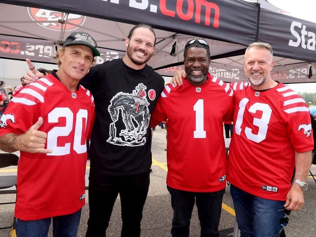  Stampeders alumni Doug Flutie, Alex Singleton, Marcus Crandell and Mark McLoughlin participate in pre-game festivities.