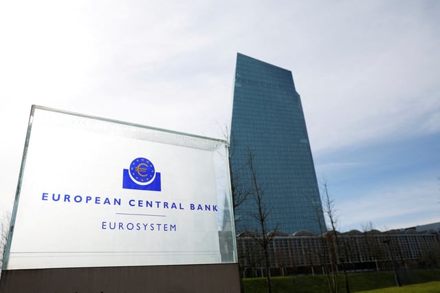 A view shows the logo of the European Central Bank (ECB) outside its headquarters in Frankfurt, Germany March 16, 2023. REUTERS/Heiko Becker/File Photo