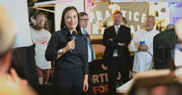 Gina Ortiz Jones declares victory at Dakota East Side Ice House Saturday night.