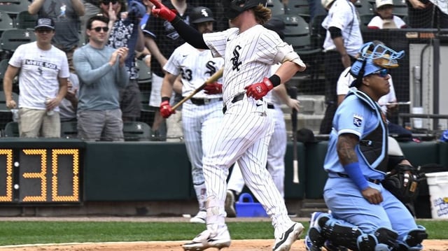 Jun 7, 2025; Chicago, Illinois, USA;  Chicago White Sox shortstop Chase Meidroth (10) points after hitting a home run against the Kansas City Royals during the third inning  at Rate Field. Mandatory Credit: Matt Marton-Imagn Images