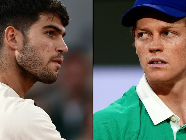 This combination of pictures created on June 7, 2025 shows (L) Spain&#39;s Carlos Alcaraz reacting to a point against as he plays against Italy&#39;s Lorenzo Musetti during their men&#39;s singles semi-final match on day 13 of the French Open tennis tournament on Court Philippe-Chatrier at the Roland-Garros Complex in Paris on June 6, 2025 and Italy&#39;s Jannik Sinner looking on during his men&#39;s singles semi-final match against Serbia&#39;s Novak Djokovic on day 13 of the French Open tennis tournament on Court Philippe-Chatrier at the Roland-Garros Complex in Paris on June 6, 2025. Spain&#39;s Carlos Alcaraz and Italy&#39;s Jannik Sinner face off in the men&#39;s singles final of the French Open tennis tournament, on Court Philippe-Chatrier, at the Roland-Garros Complex in Paris on June 8, 2025.