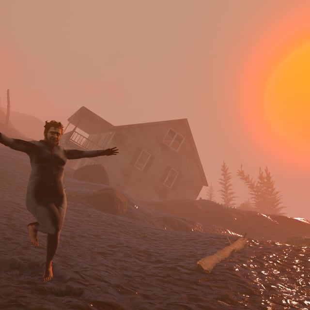 The protagonist of Baby Steps runs clumsily towards the camera with their arms aloft as the sun sets over a house in the background