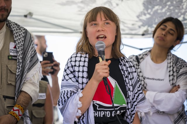 Greta Thunberg speaking at a press conference in Catania, Italy, on June 01, 2025 in Catania, Italy.